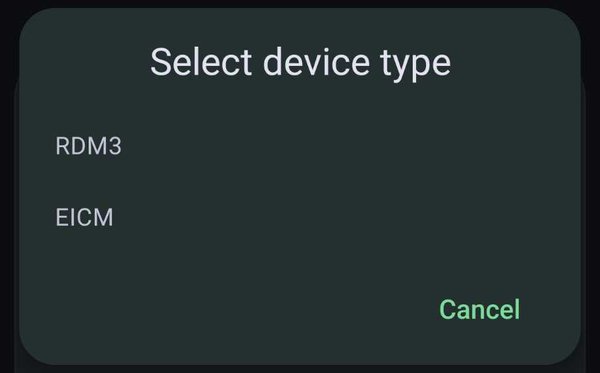 Select device type dialog listing RDM3 and EICM
